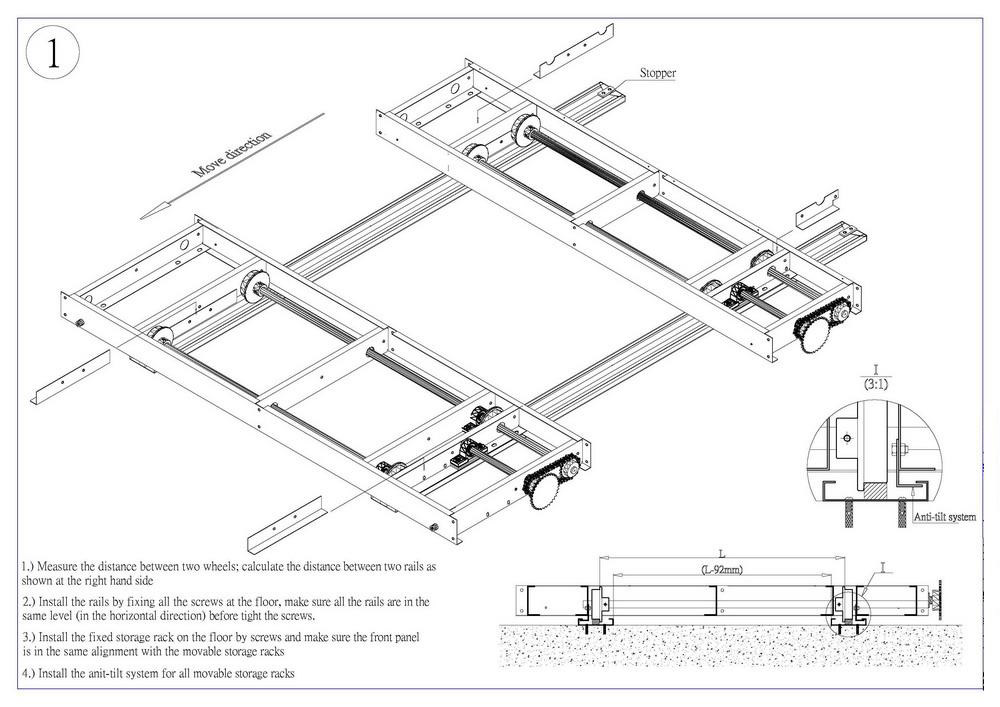 Cấu tạo kệ di động Mobile Shelving với khung thép sơn tĩnh điện và hệ ray trượt chịu lực