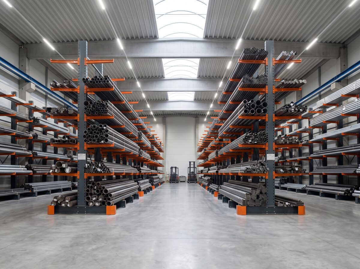 Hệ thống kệ cantilever trong nhà kho chứa ống thép dài, các tay đỡ vươn ra từ cột trung tâm