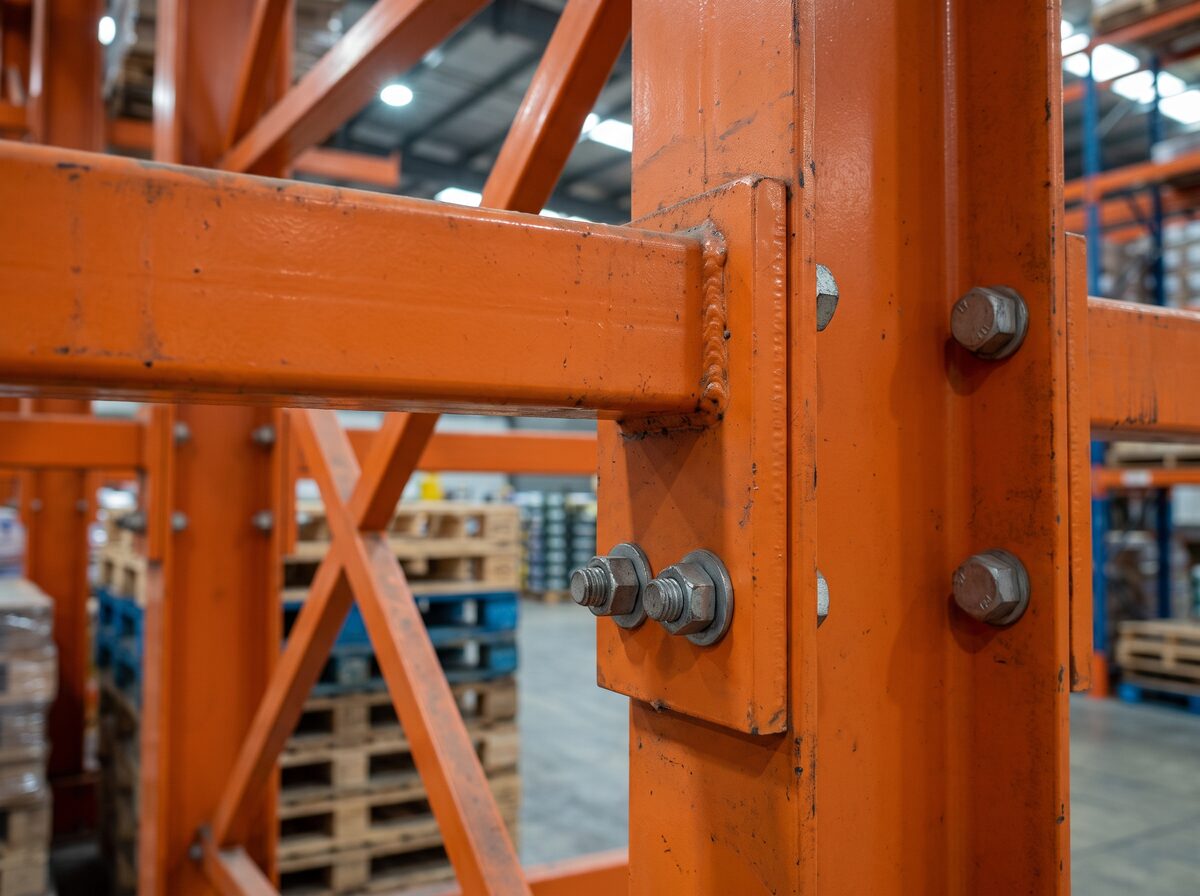 Cận cảnh mối nối giữa tay đỡ và cột trụ kệ cantilever, thể hiện rõ kết cấu giằng chéo gia cường