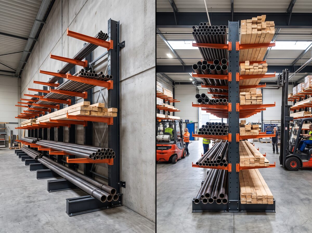 So sánh kệ cantilever một mặt lắp sát tường và kệ cantilever hai mặt với tay đỡ ở cả hai bên cột
