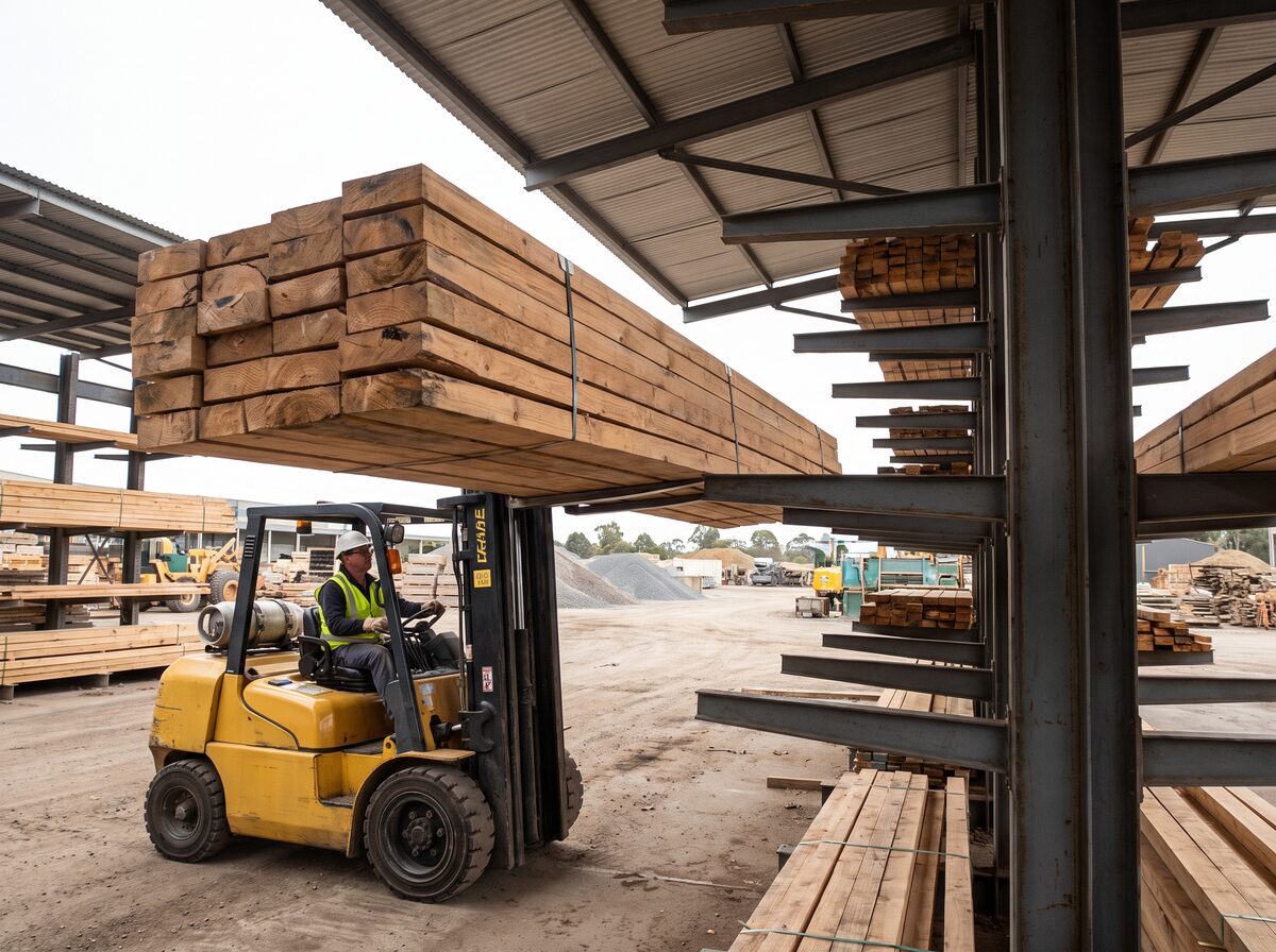 Xe nâng đang xếp bó gỗ dài lên tay đỡ của kệ cantilever trong kho hàng