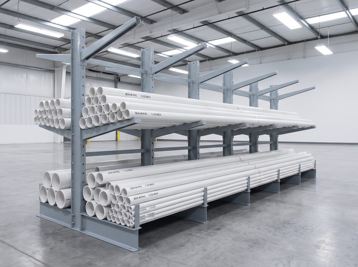 Kệ Cantilever tải nhẹ 3 tầng chứa ống nhựa PVC trong nhà kho