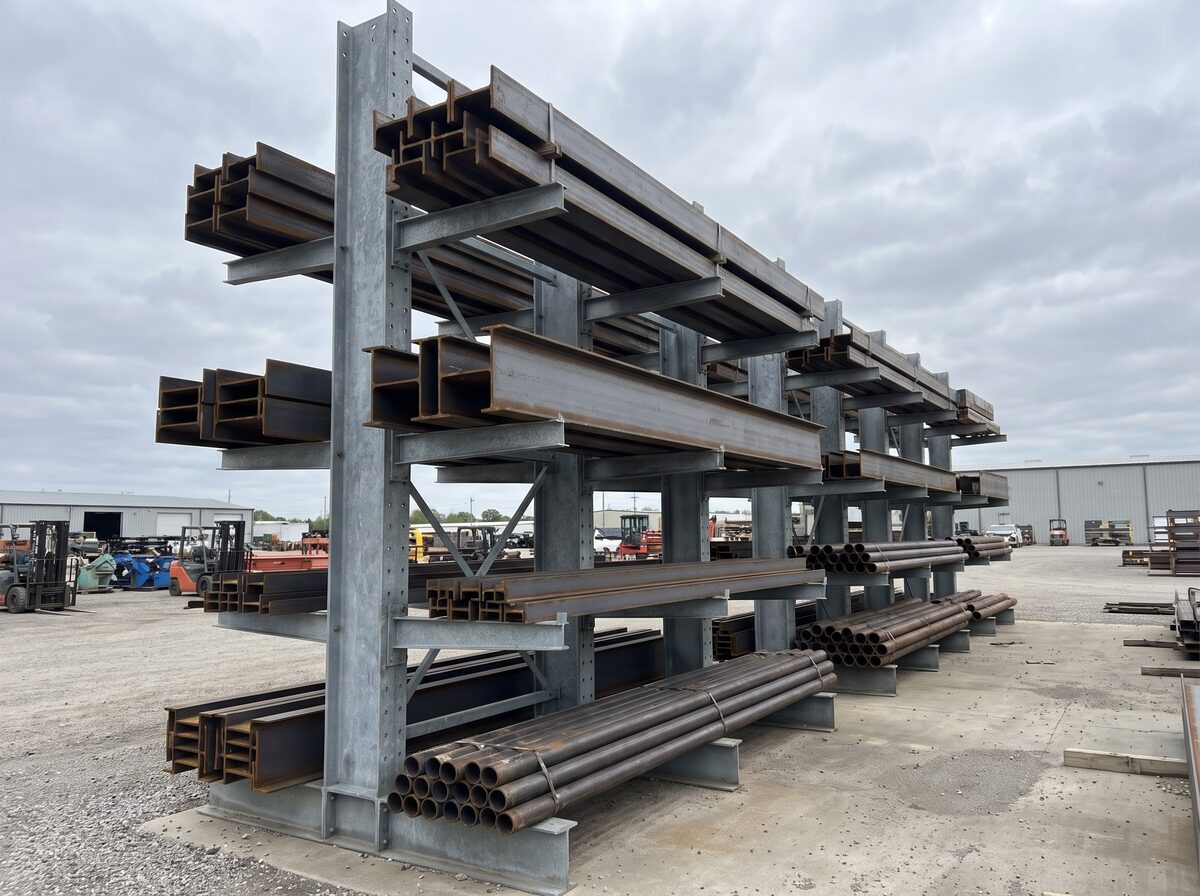 Kệ Cantilever tải nặng nhiều tầng ngoài trời mạ kẽm chứa dầm thép và ống thép lớn