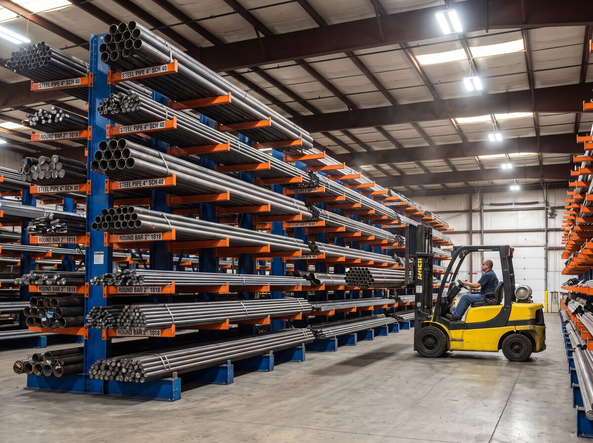Kệ cantilever trong kho phân phối thép chứa ống thép và thanh thép dài được sắp xếp theo đường kính