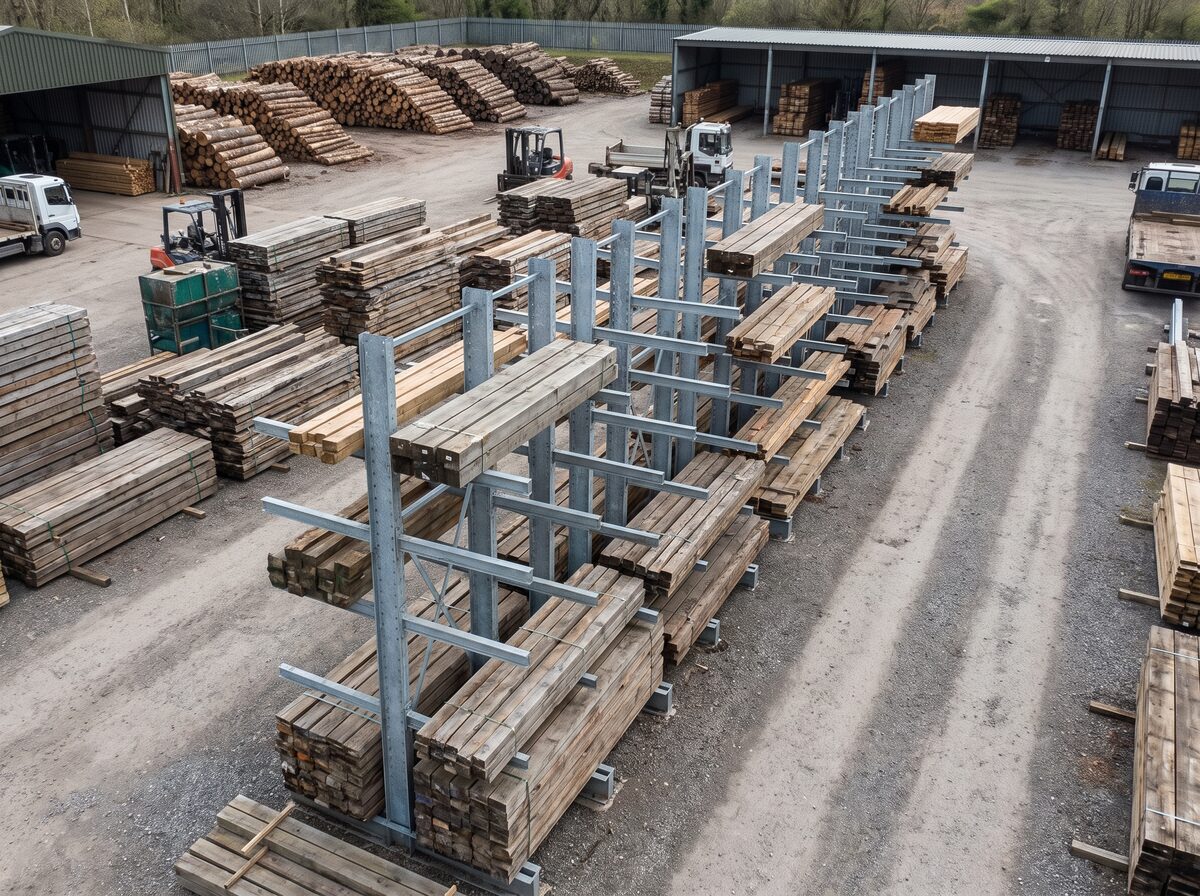 Kệ cantilever mạ kẽm ngoài trời tại bãi gỗ chứa các bó gỗ và ván gỗ dài chống chịu thời tiết