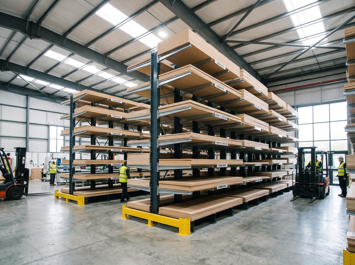Kệ cantilever trong nhà máy nội thất chứa các tấm ván MDF và gỗ ép xếp phẳng trên tay đỡ