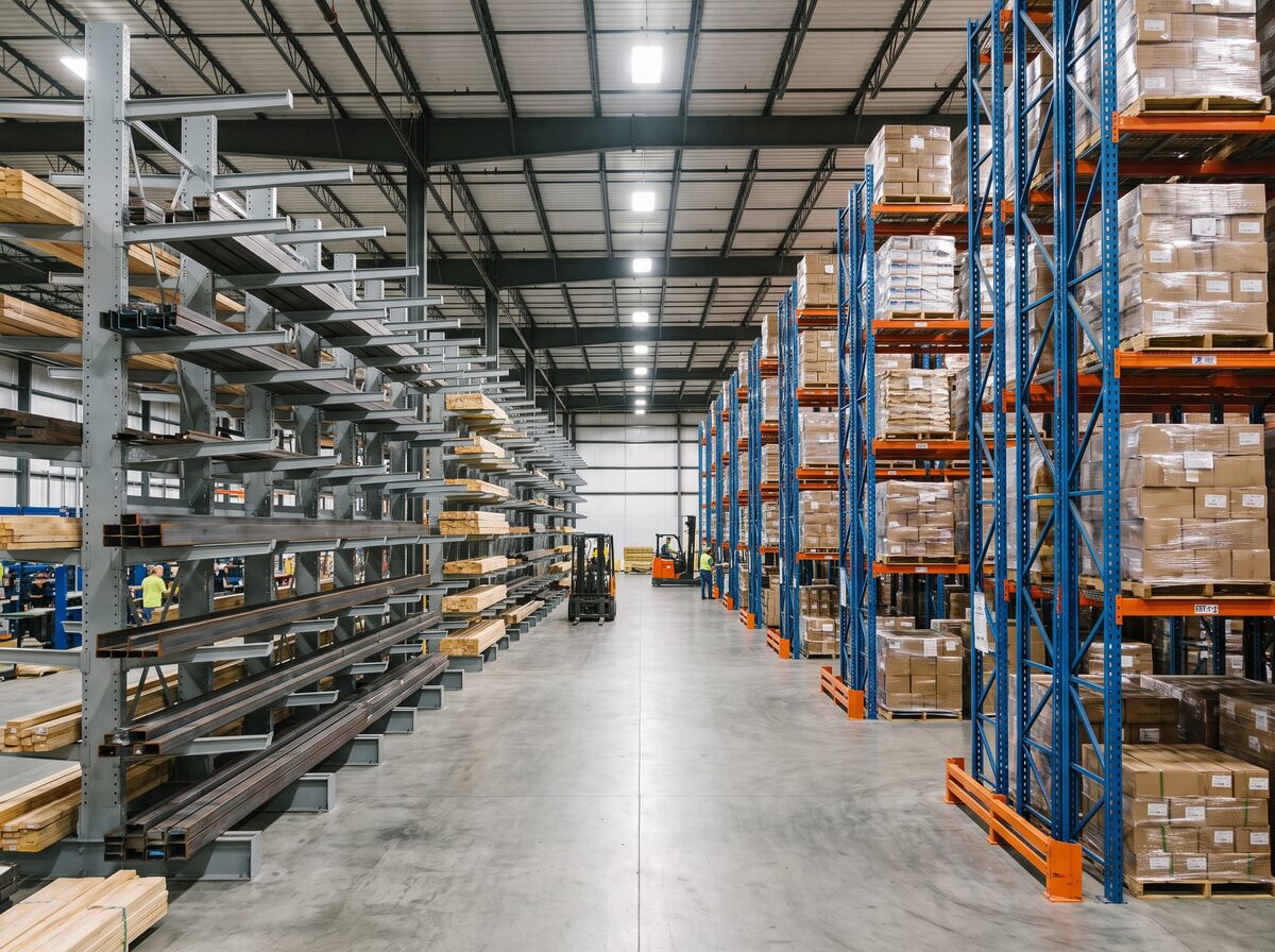 So sánh trực quan kệ Cantilever và kệ Pallet Selective đặt cạnh nhau trong cùng một nhà kho