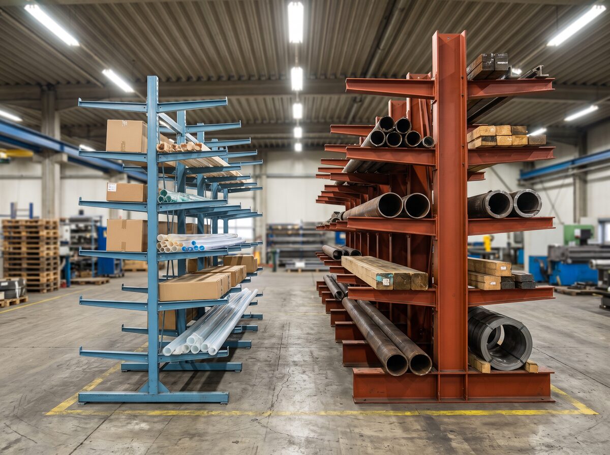 Kệ Cantilever nhẹ với tay đỡ mỏng đặt cạnh kệ Cantilever nặng với tay đỡ và cột gia cường chắc chắn
