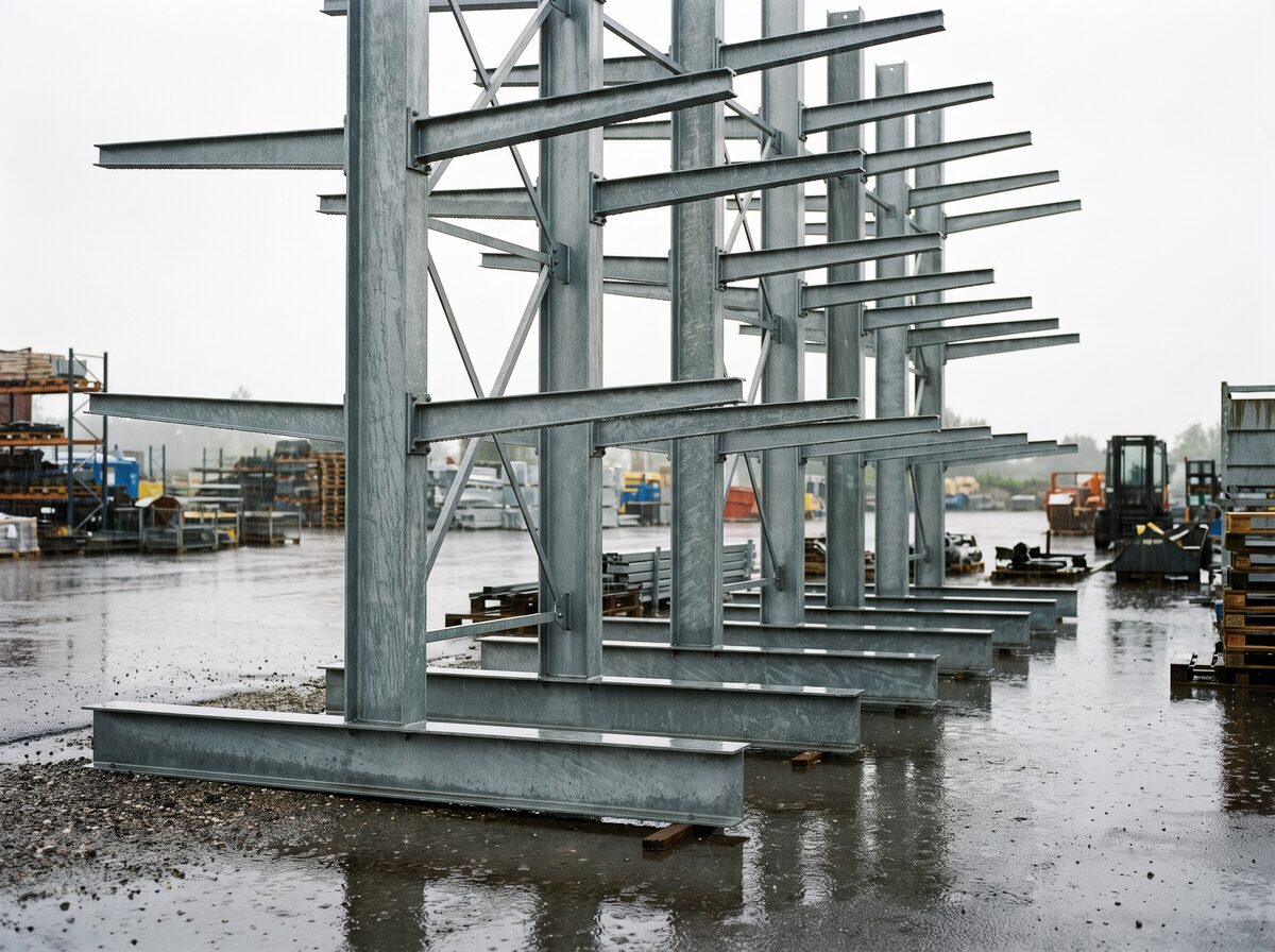 Kệ Cantilever mạ kẽm nhúng nóng màu ghi xám đặt tại bãi chứa ngoài trời có mưa