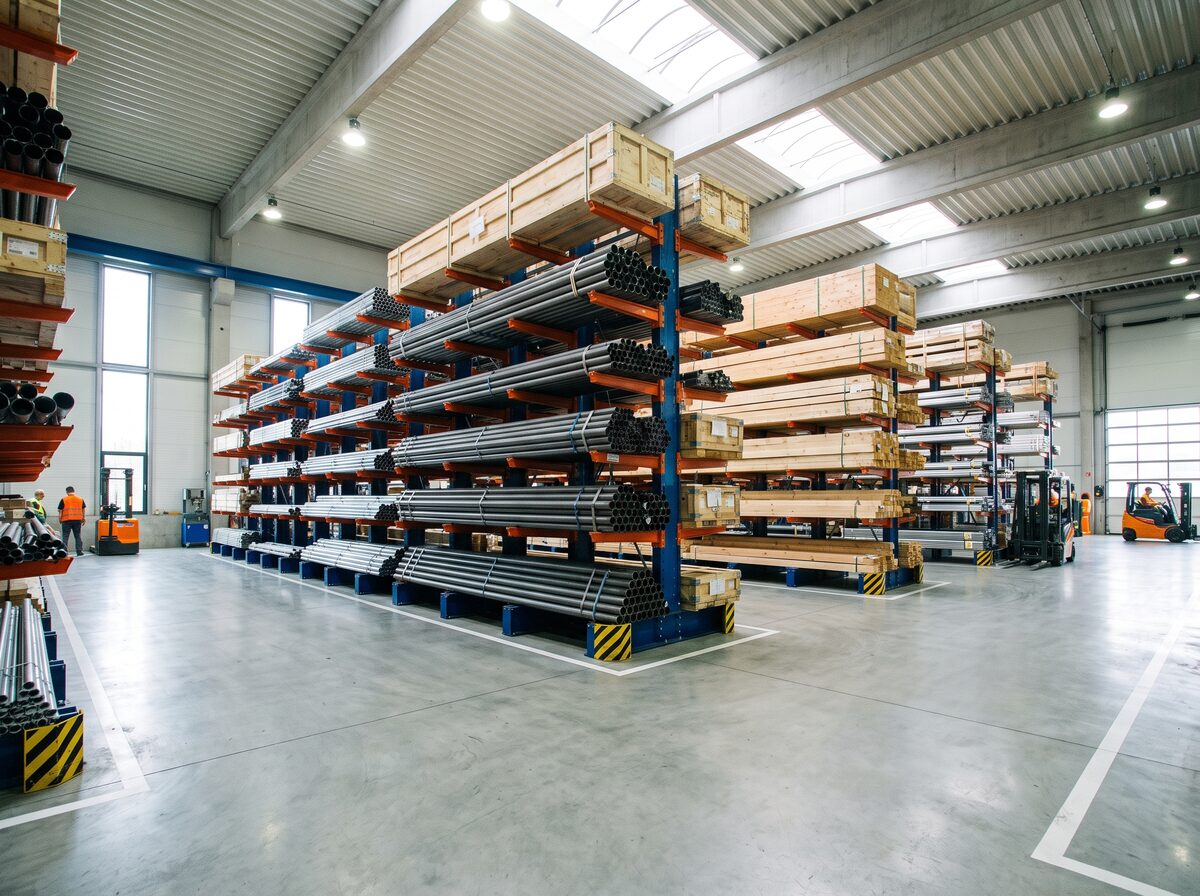 Hệ thống kệ Cantilever đã lắp đặt hoàn thiện, xếp hàng hóa gọn gàng trong kho bãi