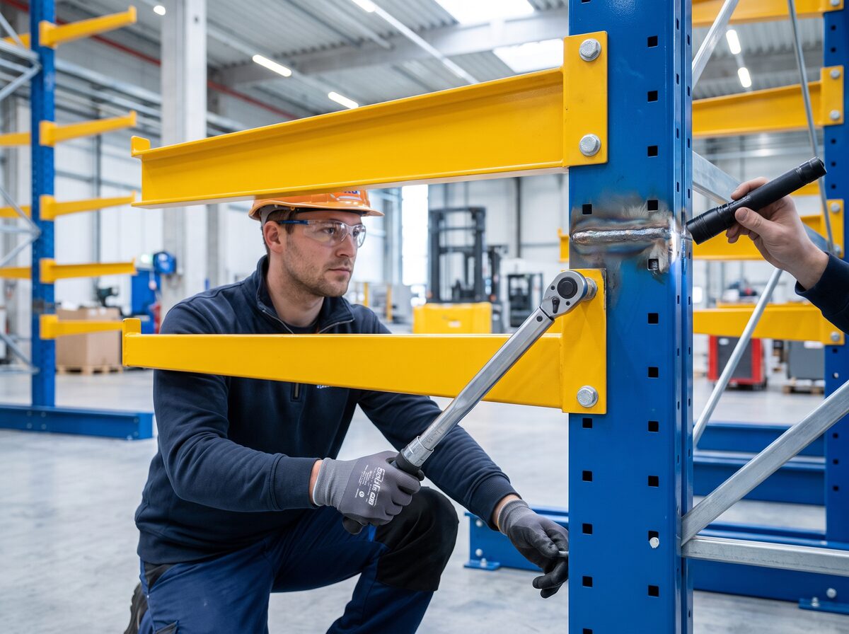 Kỹ thuật viên kiểm tra chất lượng mối hàn và siết chặt bu lông tay đỡ kệ Cantilever trước khi bàn giao