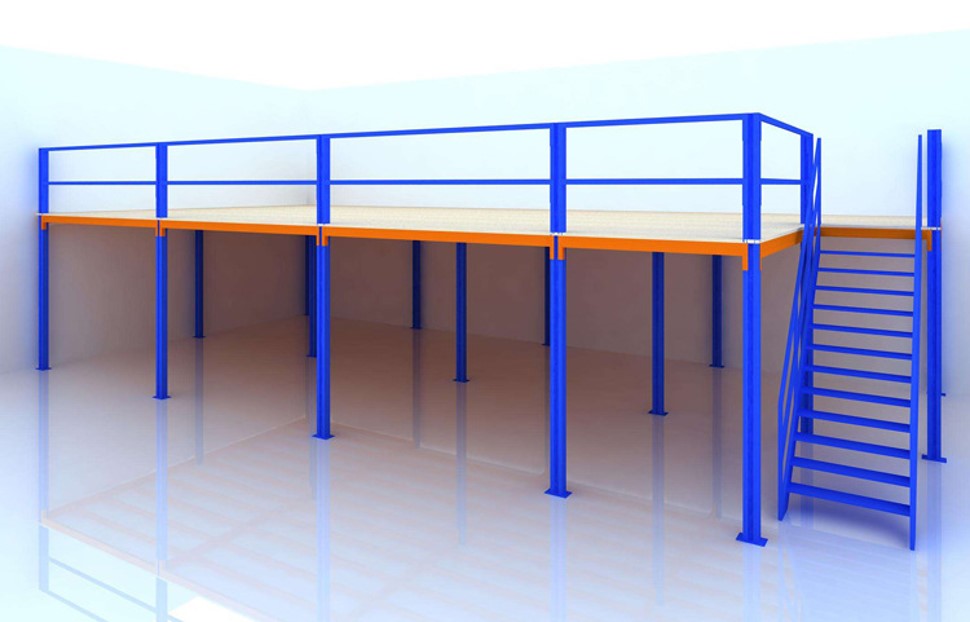 Sàn tầng lửng khung thép độc lập free-standing sơn tĩnh điện xanh cam có cầu thang