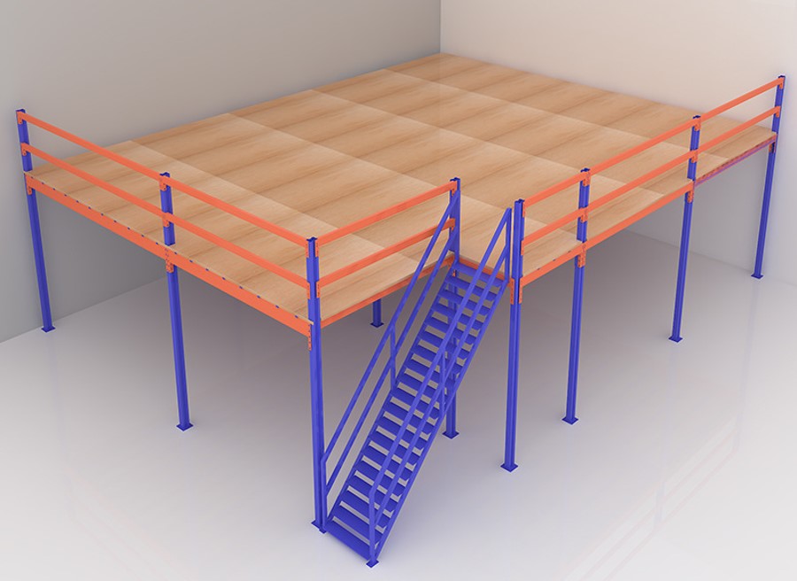 Sàn tầng lửng Mezzanine mặt sàn ván gỗ công nghiệp khung thép sơn tĩnh điện có cầu thang