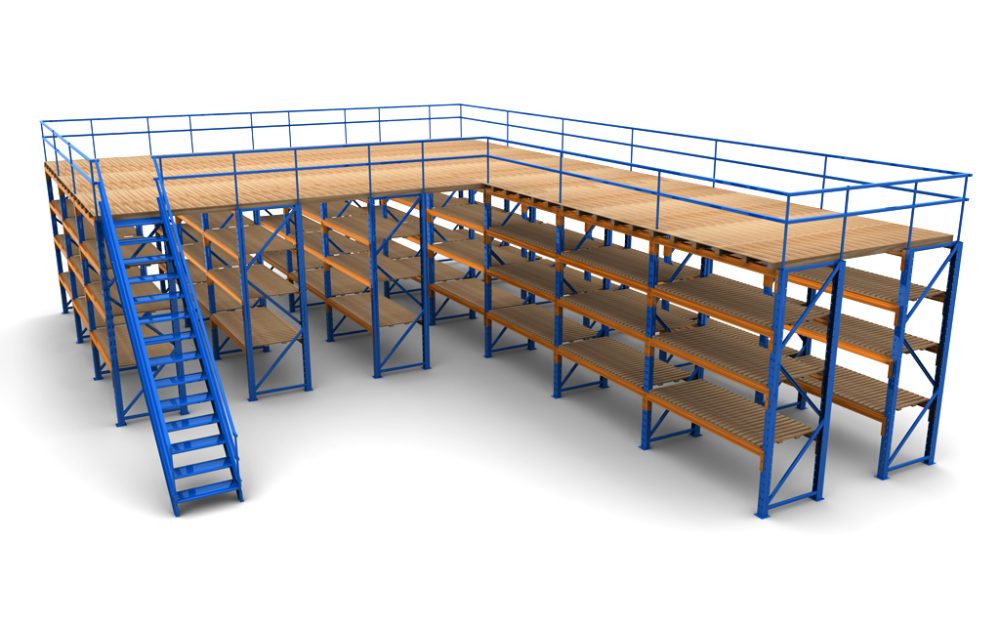 Module sàn tầng lửng Mezzanine đa tầng dạng chữ L kết hợp kệ chứa hàng cho trung tâm phân phối
