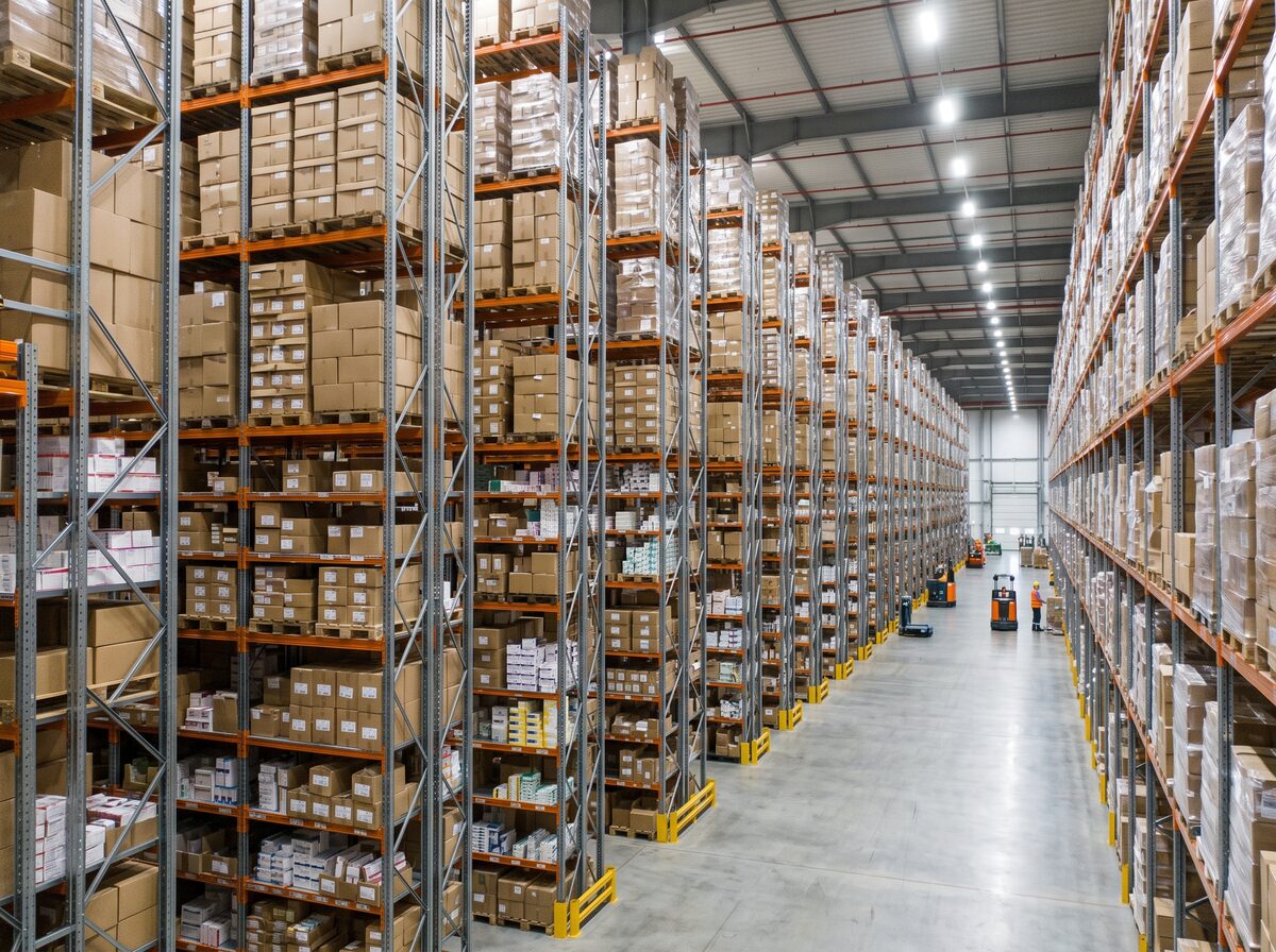 Toàn cảnh kho dược phẩm với hệ thống kệ thép nhiều tầng, thuốc đóng gói ngăn nắp, ánh sáng công nghiệp chuyên nghiệp