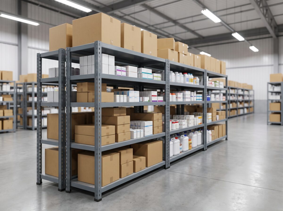 Kệ trung tải chứa các thùng carton và hộp thuốc trong nhà kho dược phẩm