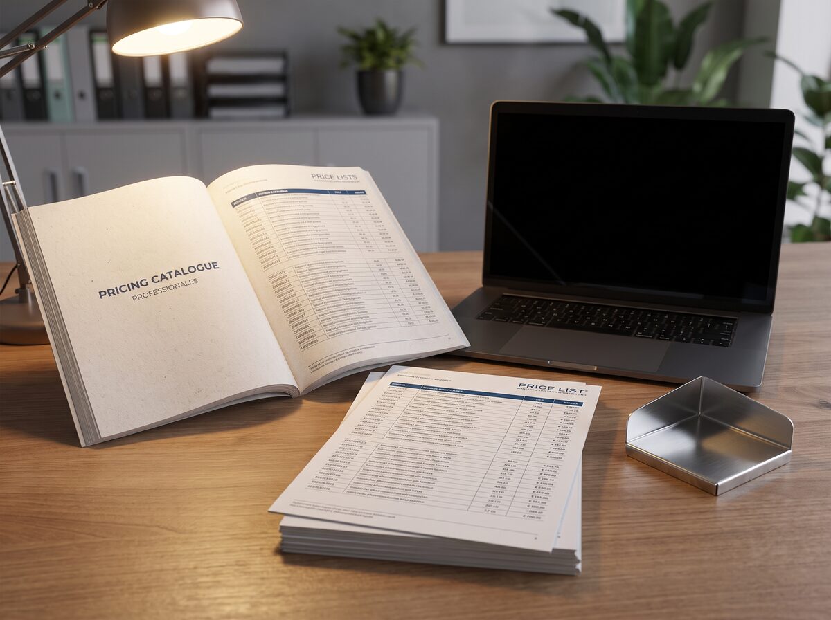 Bảng báo giá và catalogue kệ ngành dược phẩm y tế cùng laptop và mẫu vật liệu thép trên bàn làm việc