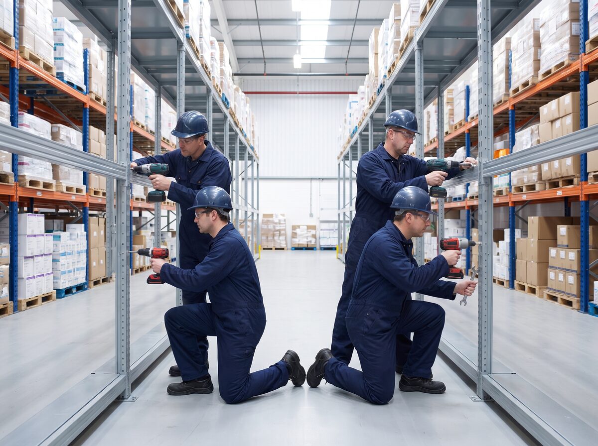 Đội kỹ thuật lắp đặt và siết ốc hệ thống kệ thép tại kho dược phẩm