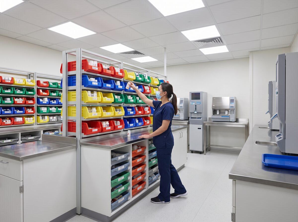 Khu vực cấp phát thuốc nội trú bệnh viện với kệ thuốc ngăn nắp nhân viên y tế thao tác