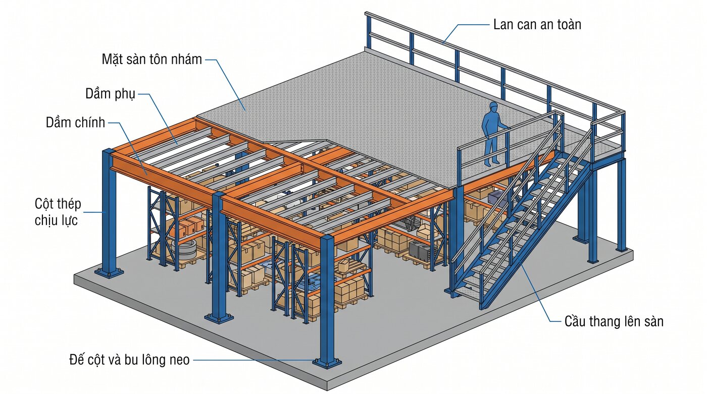 Sơ đồ cấu tạo sàn tầng lửng mezzanine: cột thép chịu lực, dầm chính, dầm phụ, mặt sàn tôn nhám, lan can và cầu thang