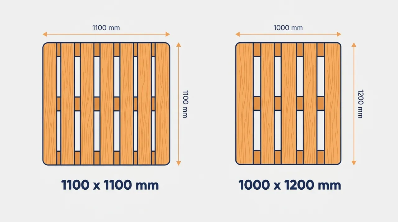 Hình minh họa kích thước pallet tiêu chuẩn 1100 x 1100 mm và 1000 x 1200 mm