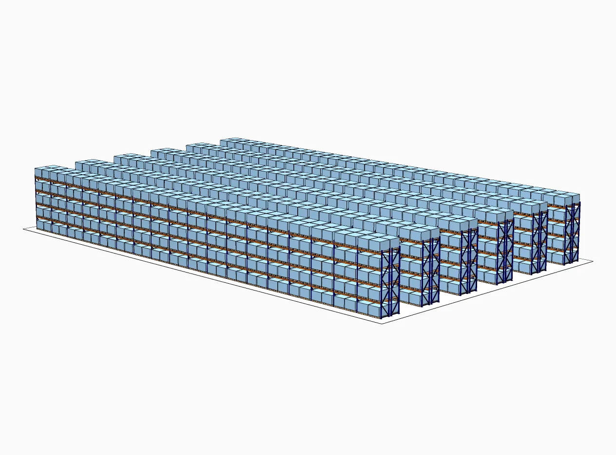 Mô phỏng 3D khối kệ pallet nhiều tầng được dựng từ bản vẽ layout