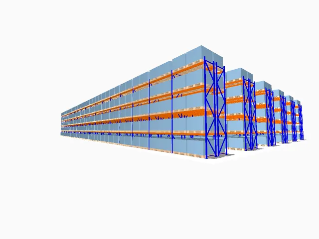 Mô phỏng 3D hệ kệ pallet cao tầng bố trí lối đi hẹp