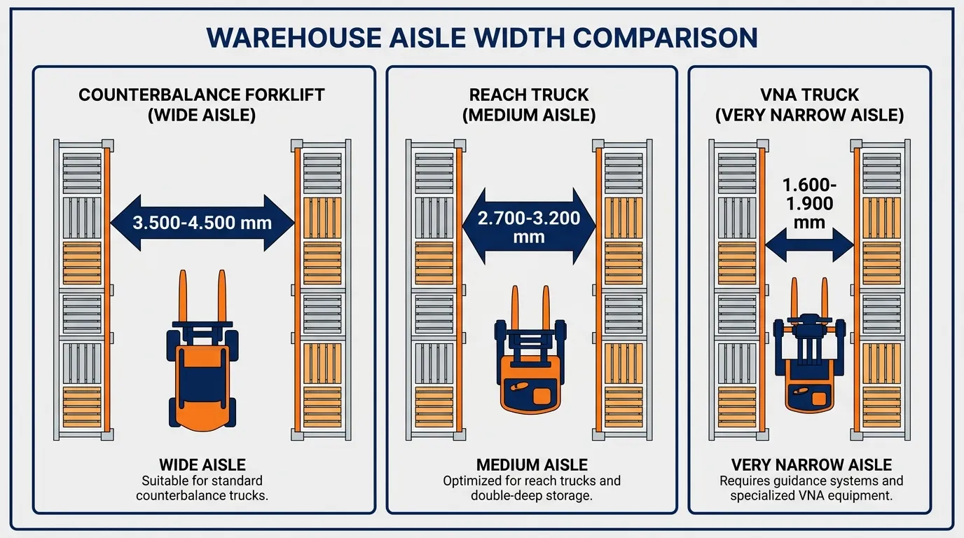 Sơ đồ so sánh chiều rộng lối đi cho xe nâng đối trọng, reach truck và xe VNA