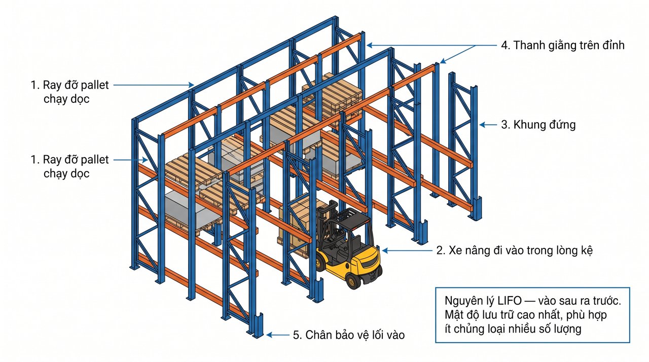 Sơ đồ cấu tạo kệ Drive-in: khung đứng, thanh ray, lane xe nâng