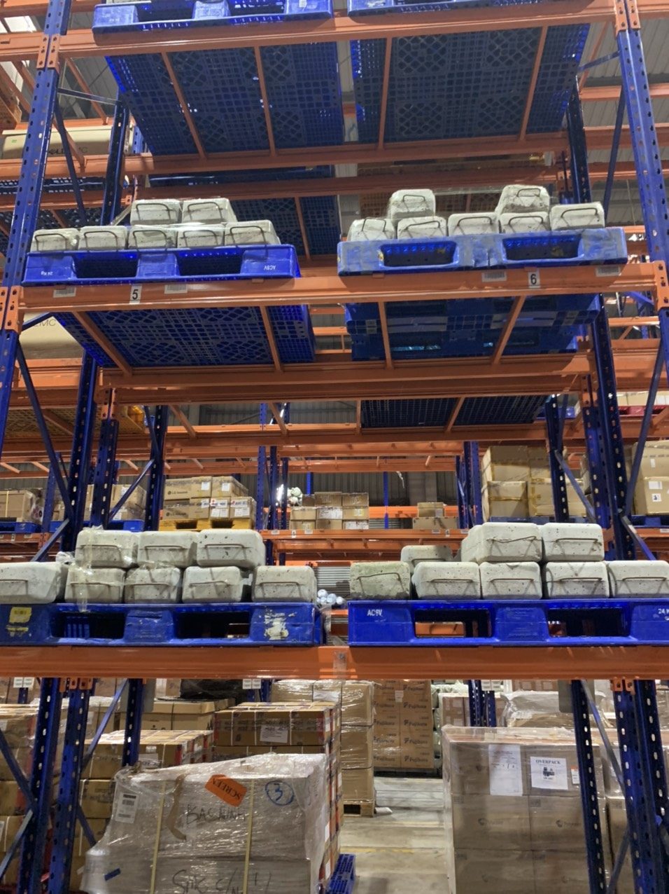 Pallet thủy sản đông lạnh trên kệ kho lạnh Minh Phú